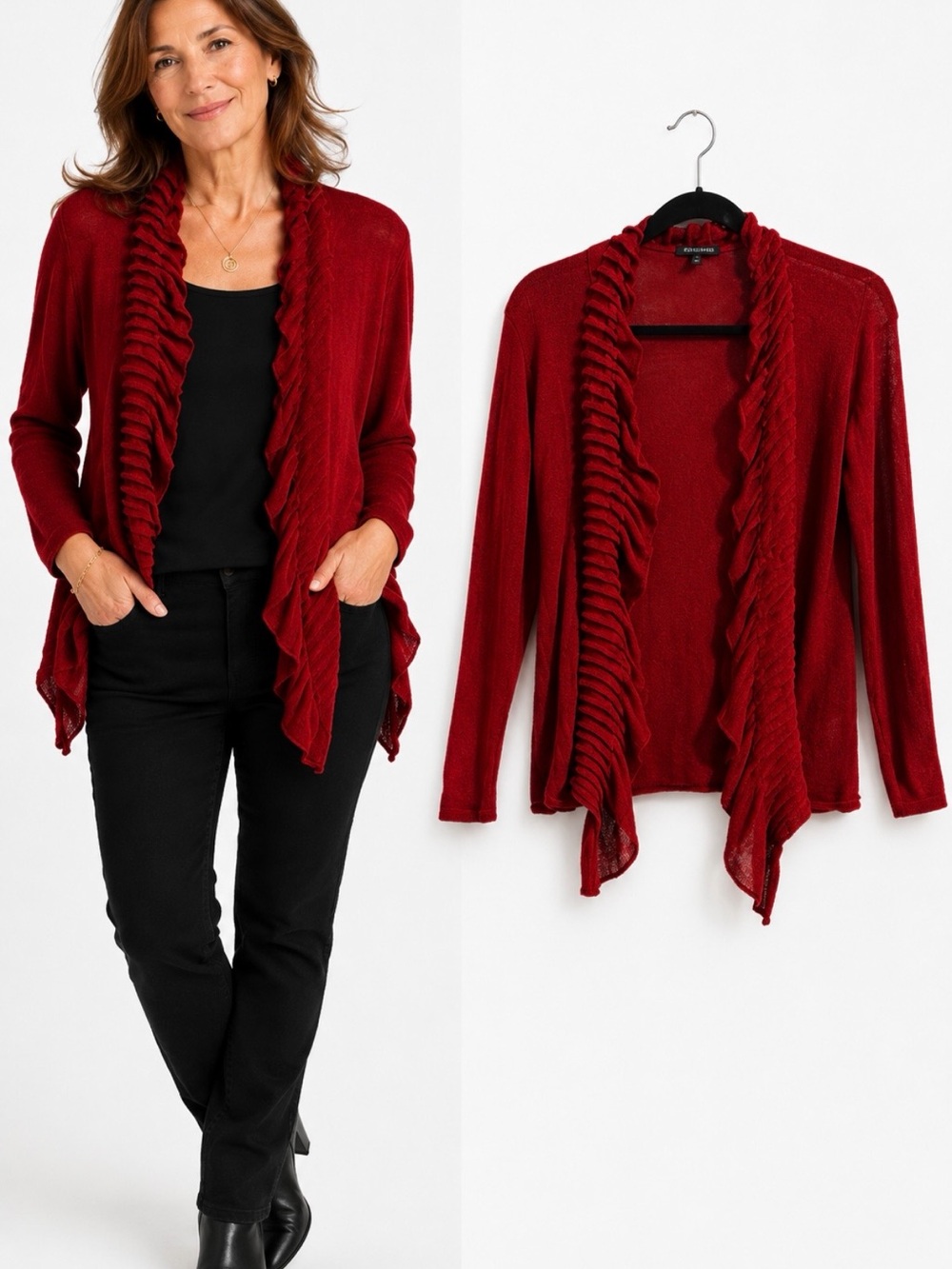 Eileen Fisher Cherry Red Ruffled Open-Front Linen Blend Lagenlook Cardigan